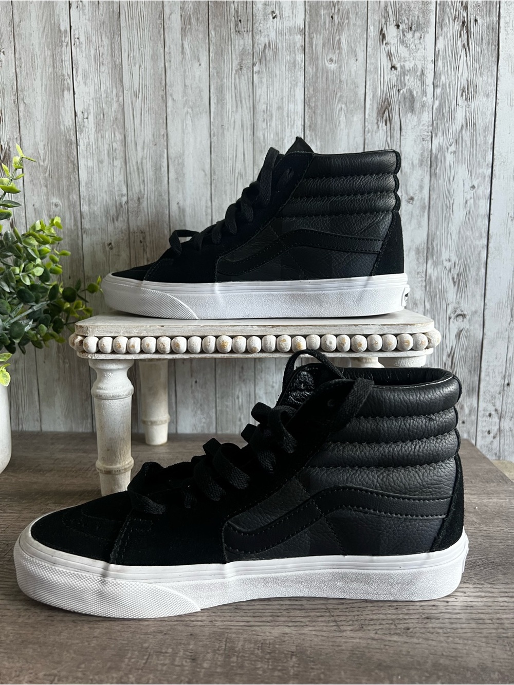 Vans Sk8 High-Top Leather Suede Checkered Sneakers Black Unisex Womens 7 Men 5.5 - Picture 2 of 6